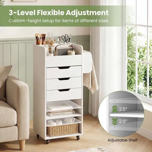 Alt view image 4 of 7 - Craft Storage Cart - Utility Organizer Cart with 3 Drawers, 3 Shelves, 3 Slotted Compartments, 2 Rolling Rods, Crafting Sewing Cabinet on Wheels for Wrapping Paper Scrapbook Ribbon (White)