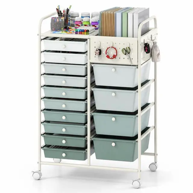 Main image of 14 Drawer Storage Cart, Rolling Craft Cart with Metal Tabletop & Pegboard, Mobile Utility Organizer Trolley with Locking Wheels, Home Office, Green Gradient
