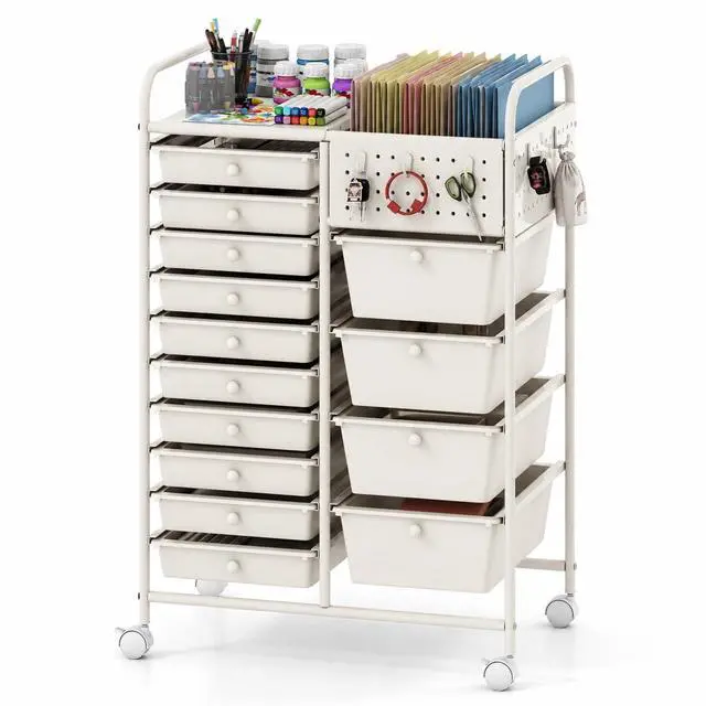 Main image of 14 Drawer Storage Cart, Rolling Craft Cart with Metal Tabletop & Pegboard, Mobile Utility Organizer Trolley with Locking Wheels, Home Office, Ivory
