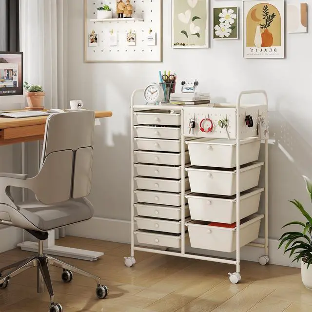 Alt view image 2 of 7 - 14 Drawer Storage Cart, Rolling Craft Cart with Metal Tabletop & Pegboard, Mobile Utility Organizer Trolley with Locking Wheels, Home Office, Ivory