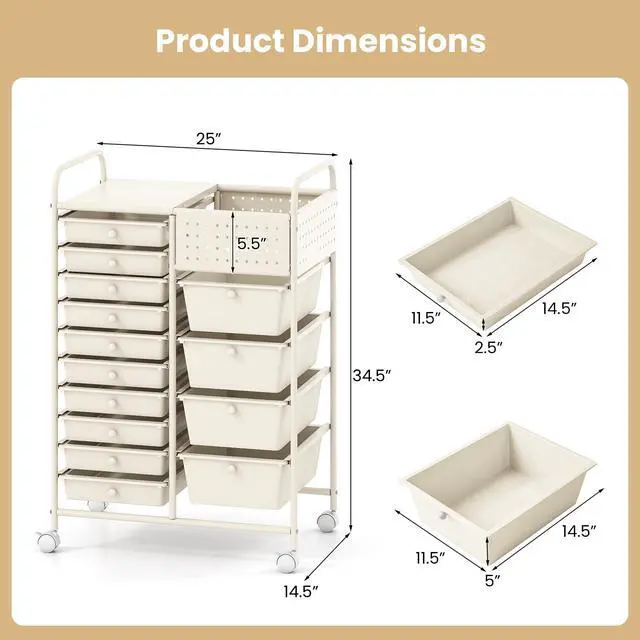 Alt view image 3 of 7 - 14 Drawer Storage Cart, Rolling Craft Cart with Metal Tabletop & Pegboard, Mobile Utility Organizer Trolley with Locking Wheels, Home Office, Ivory
