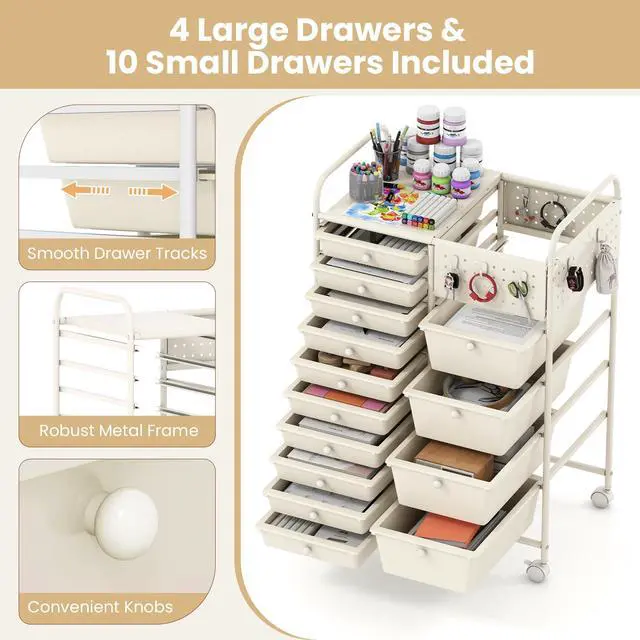 Alt view image 5 of 7 - 14 Drawer Storage Cart, Rolling Craft Cart with Metal Tabletop & Pegboard, Mobile Utility Organizer Trolley with Locking Wheels, Home Office, Ivory