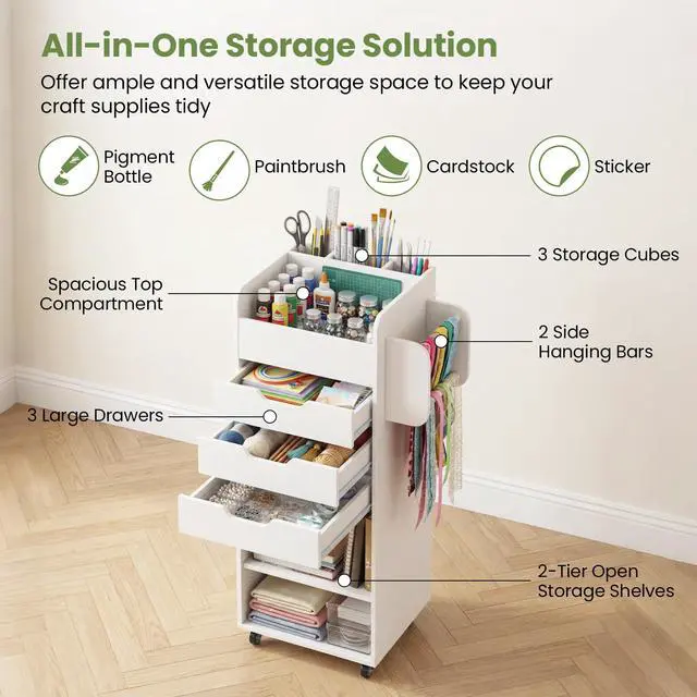 Alt view image 6 of 7 - Craft Storage Cart - Utility Organizer Cart with 3 Drawers, 3 Shelves, 3 Slotted Compartments, 2 Rolling Rods, Crafting Sewing Cabinet on Wheels for Wrapping Paper Scrapbook Ribbon (White)