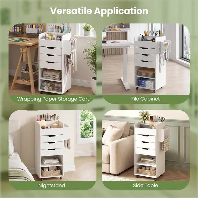 Alt view image 7 of 7 - Craft Storage Cart - Utility Organizer Cart with 3 Drawers, 3 Shelves, 3 Slotted Compartments, 2 Rolling Rods, Crafting Sewing Cabinet on Wheels for Wrapping Paper Scrapbook Ribbon (White)