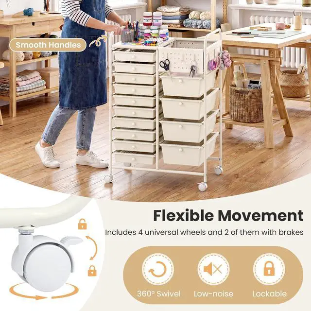 Alt view image 7 of 7 - 14 Drawer Storage Cart, Rolling Craft Cart with Metal Tabletop & Pegboard, Mobile Utility Organizer Trolley with Locking Wheels, Home Office, Ivory