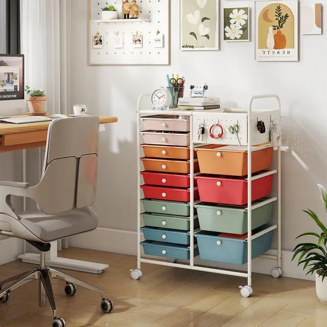 Alt view image 2 of 7 - 14 Drawer Storage Cart, Rolling Craft Cart with Metal Tabletop & Pegboard, Mobile Utility Organizer Trolley with Locking Wheels, Home Office, Macaron Multicolor