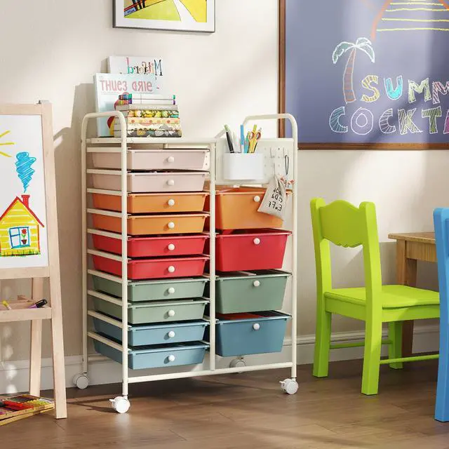 Alt view image 4 of 7 - 14 Drawer Storage Cart, Rolling Craft Cart with Metal Tabletop & Pegboard, Mobile Utility Organizer Trolley with Locking Wheels, Home Office, Macaron Multicolor