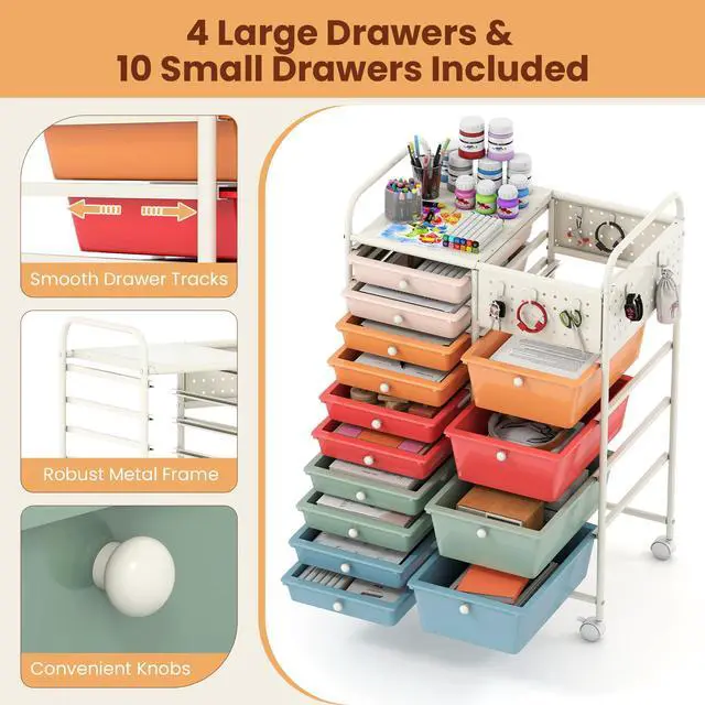 Alt view image 5 of 7 - 14 Drawer Storage Cart, Rolling Craft Cart with Metal Tabletop & Pegboard, Mobile Utility Organizer Trolley with Locking Wheels, Home Office, Macaron Multicolor