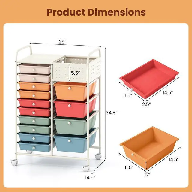 Alt view image 3 of 7 - 14 Drawer Storage Cart, Rolling Craft Cart with Metal Tabletop & Pegboard, Mobile Utility Organizer Trolley with Locking Wheels, Home Office, Macaron Multicolor