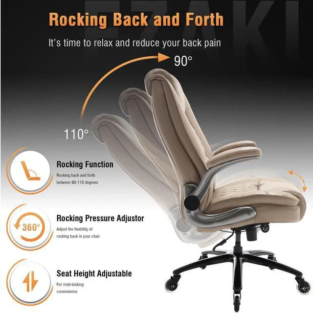 Alt view image 5 of 7 - High Back Office Chair, Ergonomic Executive Computer Desk Chair | Flip Arms, Adjustable Built-in Lumbar Support, Thick Padded, Strong Metal Base, Quiet Wheels Work Chairs for Long Hours