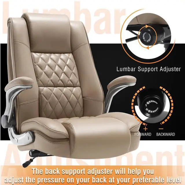 Alt view image 4 of 7 - High Back Office Chair, Ergonomic Executive Computer Desk Chair | Flip Arms, Adjustable Built-in Lumbar Support, Thick Padded, Strong Metal Base, Quiet Wheels Work Chairs for Long Hours
