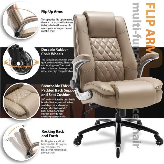 Alt view image 6 of 7 - High Back Office Chair, Ergonomic Executive Computer Desk Chair | Flip Arms, Adjustable Built-in Lumbar Support, Thick Padded, Strong Metal Base, Quiet Wheels Work Chairs for Long Hours