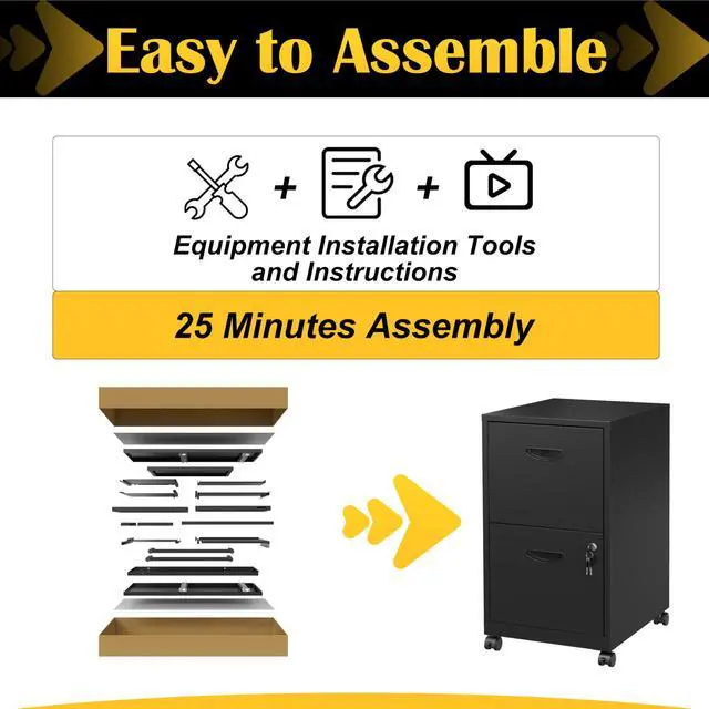 Alt view image 6 of 7 - 2 Drawer File Cabinet,Metal Mobile File Cabinet with Lock Black | Filing Cabinet with Wheel,Vertical File Cabinet for Home Office,Under Desk Rolling File Cabinets for Hanging Letter/A4