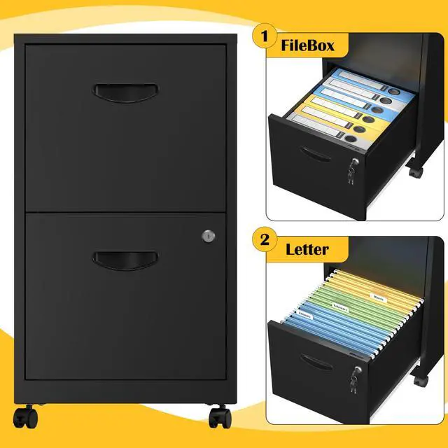 Alt view image 7 of 7 - 2 Drawer File Cabinet,Metal Mobile File Cabinet with Lock Black | Filing Cabinet with Wheel,Vertical File Cabinet for Home Office,Under Desk Rolling File Cabinets for Hanging Letter/A4