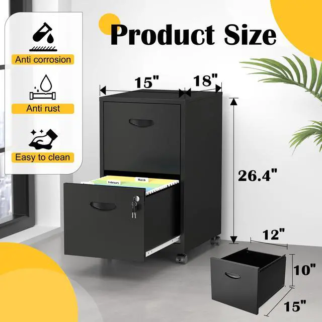 Alt view image 3 of 7 - 2 Drawer File Cabinet,Metal Mobile File Cabinet with Lock Black | Filing Cabinet with Wheel,Vertical File Cabinet for Home Office,Under Desk Rolling File Cabinets for Hanging Letter/A4