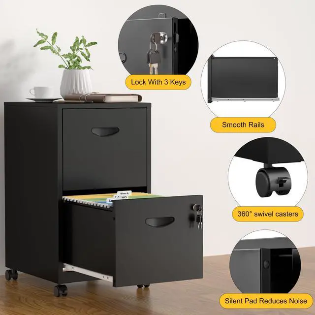 Alt view image 5 of 7 - 2 Drawer File Cabinet,Metal Mobile File Cabinet with Lock Black | Filing Cabinet with Wheel,Vertical File Cabinet for Home Office,Under Desk Rolling File Cabinets for Hanging Letter/A4