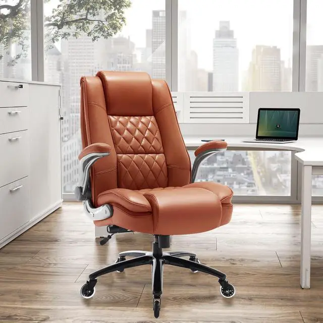 Alt view image 2 of 7 - High Back Office Chair, Ergonomic Executive Computer Desk Chair | Flip Arms, Adjustable Built-in Lumbar Support, Thick Padded, Strong Metal Base, Quiet Wheels Work Chairs for Long Hours