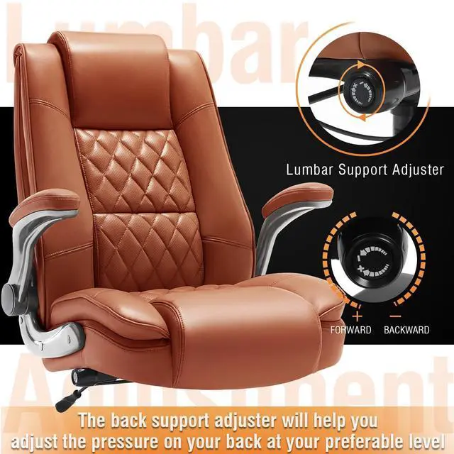 Alt view image 4 of 7 - High Back Office Chair, Ergonomic Executive Computer Desk Chair | Flip Arms, Adjustable Built-in Lumbar Support, Thick Padded, Strong Metal Base, Quiet Wheels Work Chairs for Long Hours