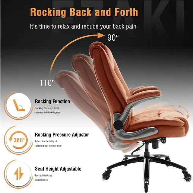 Alt view image 5 of 7 - High Back Office Chair, Ergonomic Executive Computer Desk Chair | Flip Arms, Adjustable Built-in Lumbar Support, Thick Padded, Strong Metal Base, Quiet Wheels Work Chairs for Long Hours