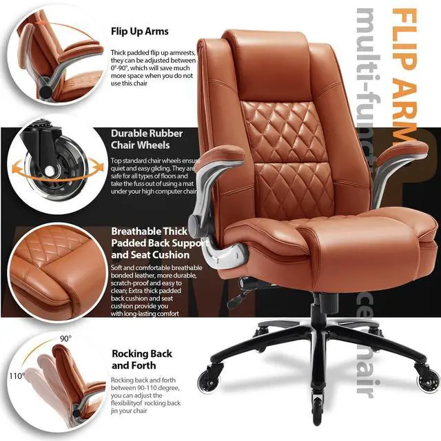 Alt view image 6 of 7 - High Back Office Chair, Ergonomic Executive Computer Desk Chair | Flip Arms, Adjustable Built-in Lumbar Support, Thick Padded, Strong Metal Base, Quiet Wheels Work Chairs for Long Hours