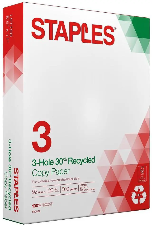 Main image of 30% Recycled Copy Paper, 8.5x11 Inch, 20 lb., 92 Bright, 500/Rm | Eco-friendly multipurpose paper for everyday office, school & home printing