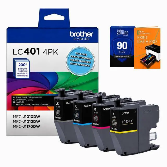 Main image of Genuine LC401 4-Pack Color Standard Yield Ink Cartridge (Black, Cyan, Magenta, Yellow) Bundle with Deco Essentials Printer eBook for MFC-J1010DW, MFC-J1170DW