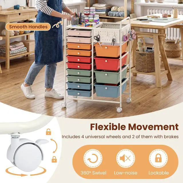 Alt view image 7 of 7 - 14 Drawer Storage Cart, Rolling Craft Cart with Metal Tabletop & Pegboard, Mobile Utility Organizer Trolley with Locking Wheels, Home Office, Macaron Multicolor