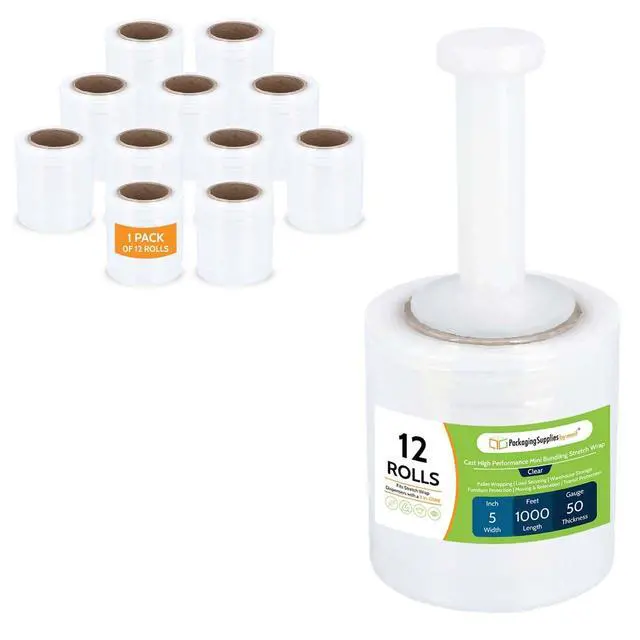 Alt view image 2 of 7 - PSBM Mini Stretch Film/Wrap with Plastic Handle 5" x 1000' 50 GA 12 Rolls | Wrap with Plastic Handle, Industrial Strength Clear Shrink / Plastic Wrap for Moving, Packing, Shipping, Bundling & Storage