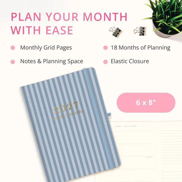 Alt view image 2 of 7 - Stripes 18 Month Planner | July 2026 Dec. 2027 | Hardbound Planner with Monthly Tabs | Holidays & Reminder Stickers 6 x 8