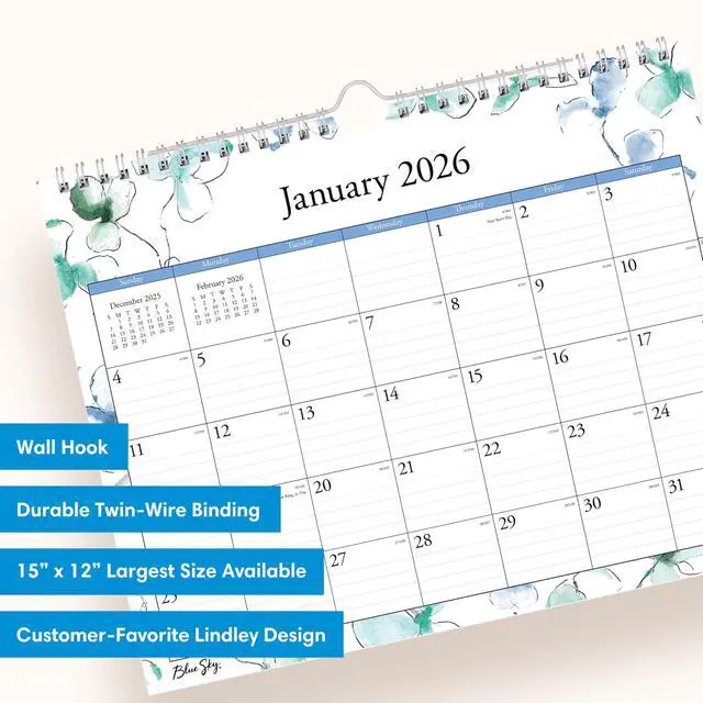 Alt view image 3 of 5 - 2026 Monthly Wall Calendar, 11"x8.75", Lindley | January 2026 - December 2026, Durable Twin Wire Binding, For Home, Office And Classrooms