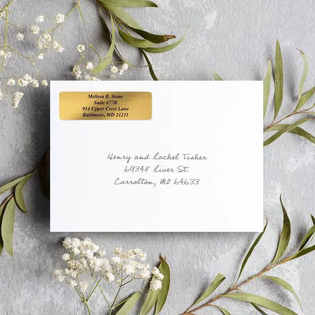 Alt view image 2 of 5 - Gold Foil Personalized Return Address Labels with Elegant Dispenser - Roll of 250 Custom Stickers
