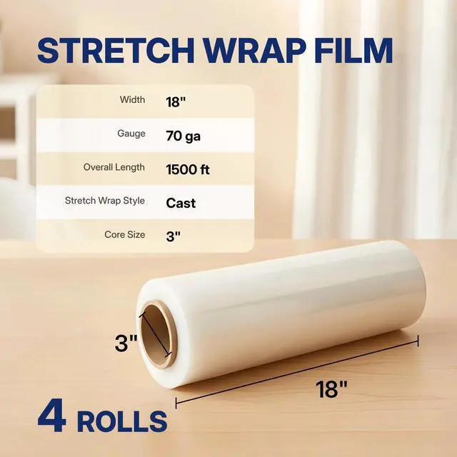 Alt view image 3 of 7 - Industrial Stretch Wrap, 18" x 1500', 70 Gauge 26 Microns, Up to 700% Stretch, Clear Heavy Duty Self-Adhering Plastic Film for Pallet Packing Moving Shipping Box of 4 Rolls