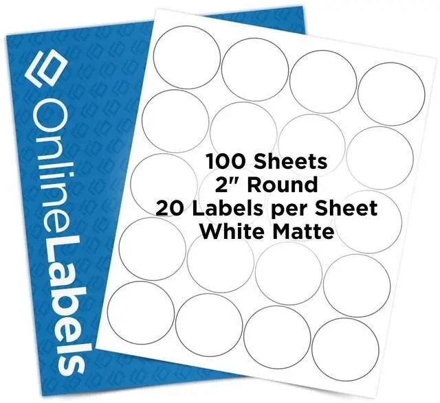 Main image of OnlineLabels 2" Circle Labels - White Matte - Inkjet/Laser - 100 Sheets | Permanent Adhesive, Blank Round Labels, Inkjet & Laser Compatible, Ideal for Jar Lids, Product Packaging, & Favors