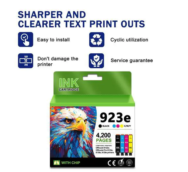 Alt view image 4 of 6 - 923XL 923e 923 Ink Cartridges (4 Pack with Chip) | High Yield for OfficeJet Pro 8130e 8135e 8139e 8138e 8122e 8120 8124e 8125e 8130 8132e 8134e Printers