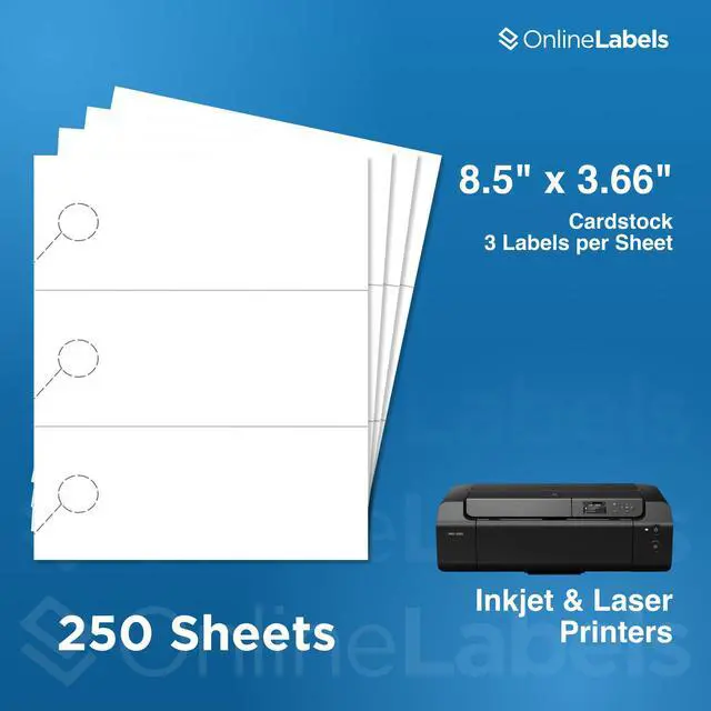 Alt view image 2 of 7 - OnlineLabels 8.5" x 3.66" Printable Door Hangers - Cardstock - 250 Sheets | No Adhesive Backing, Blank Rectangle 3-up Door Hangers w/ Perforated Punch-Out Hole, Inkjet and Laser Compatible