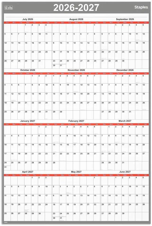 Main image of 2026-2027 Academic Dry Erase Wall Calendar, 32x48 In, ST54274 | Reversible white/red/gray design for planning school-year schedules