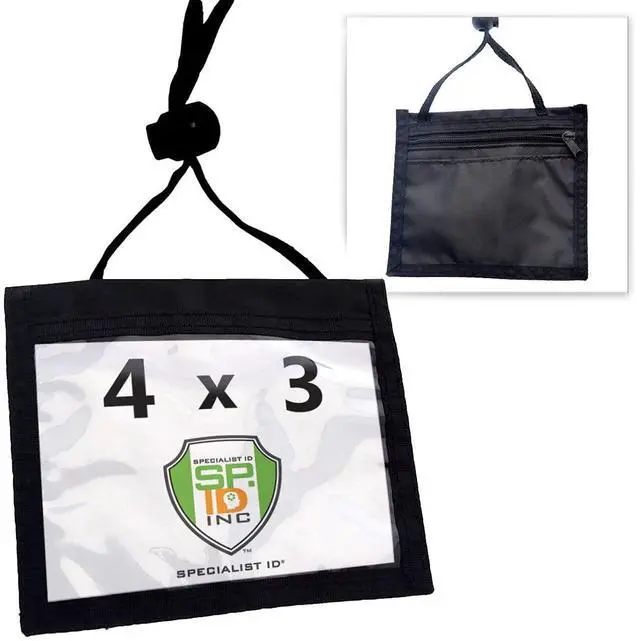 Main image of Bulk 25 Pack - Nylon Neck Wallet Badge Holder w/Lanyard - 4 X 3 Credential & Travel Badge Holder with 3 Pockets - Clear Plastic 4X3 Horizontal Window, Zipper Pouch + by