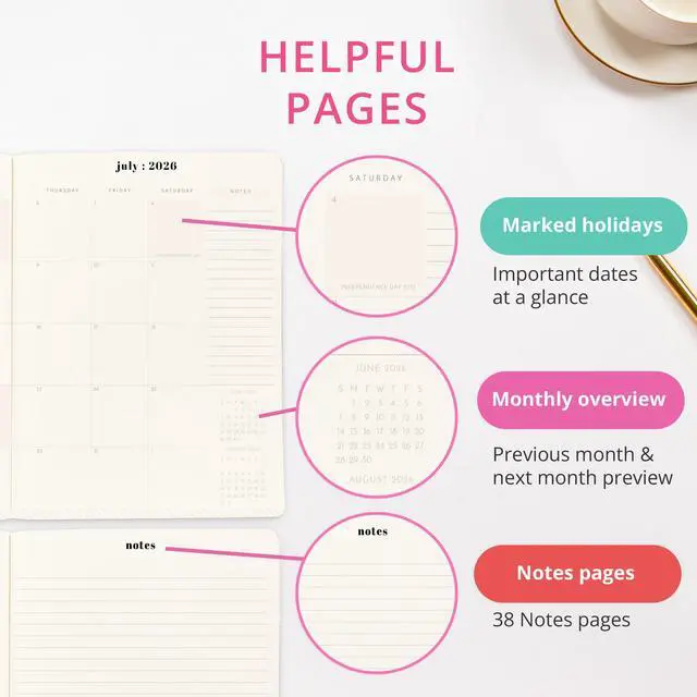 Alt view image 4 of 7 - 18 Month Planner/Calendar, July 2026 Dec. 2027 Dashes Monthly Planner, Holidays, Notes Pages, 8 x 10
