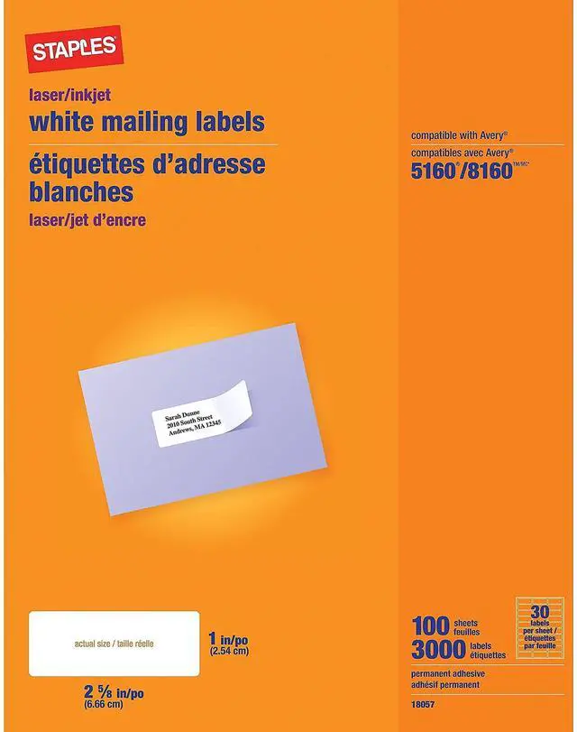 Main image of 1" x 2-5/8" Address Labels, White Easy-Peel Printable Laser & Inkjet Mailing Labels, 30 Labels per Sheet, 100-Pack | Easy-peel design for laser and inkjet printers, ideal for mailing projects