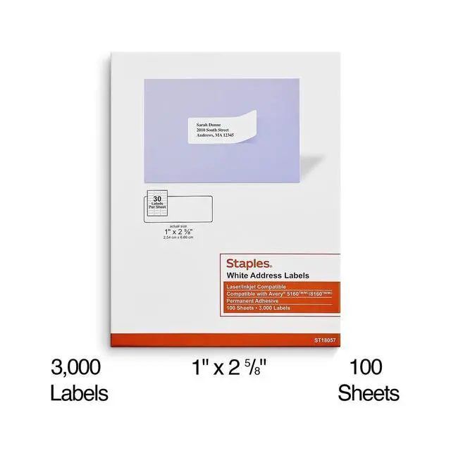 Alt view image 3 of 5 - 1" x 2-5/8" Address Labels, White Easy-Peel Printable Laser & Inkjet Mailing Labels, 30 Labels per Sheet, 100-Pack | Easy-peel design for laser and inkjet printers, ideal for mailing projects