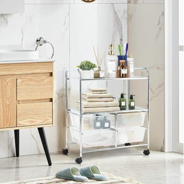 Alt view image 2 of 7 - Rolling Storage Cart w/ 4 Drawers 2 Shelves Metal Rack Shelf Home Office School Beauty Salon Utility Organizer Cart with Wheels (White)