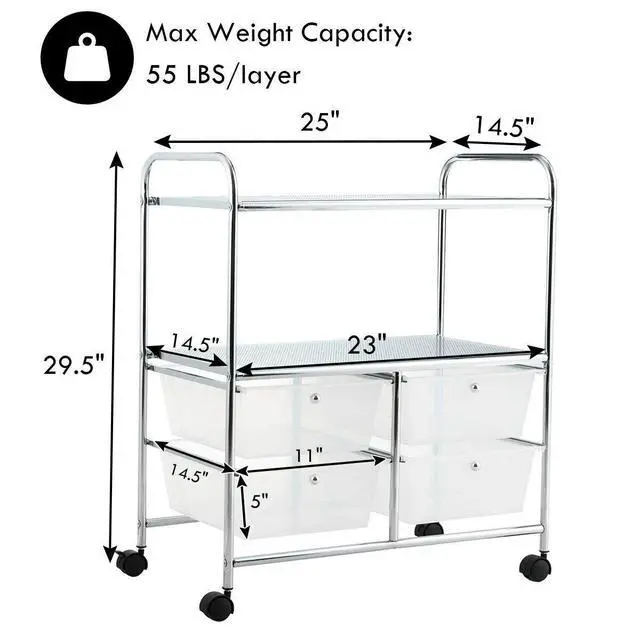 Alt view image 3 of 7 - Rolling Storage Cart w/ 4 Drawers 2 Shelves Metal Rack Shelf Home Office School Beauty Salon Utility Organizer Cart with Wheels (White)