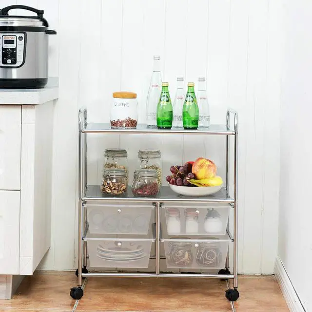 Alt view image 4 of 7 - Rolling Storage Cart w/ 4 Drawers 2 Shelves Metal Rack Shelf Home Office School Beauty Salon Utility Organizer Cart with Wheels (White)