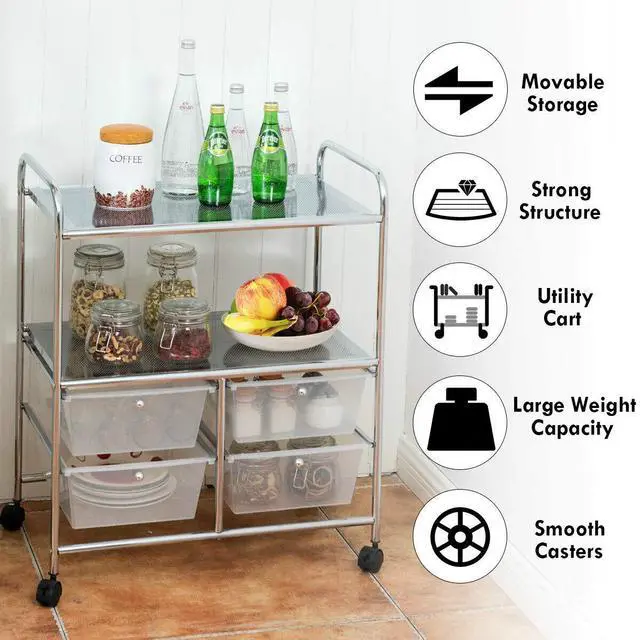 Alt view image 5 of 7 - Rolling Storage Cart w/ 4 Drawers 2 Shelves Metal Rack Shelf Home Office School Beauty Salon Utility Organizer Cart with Wheels (White)