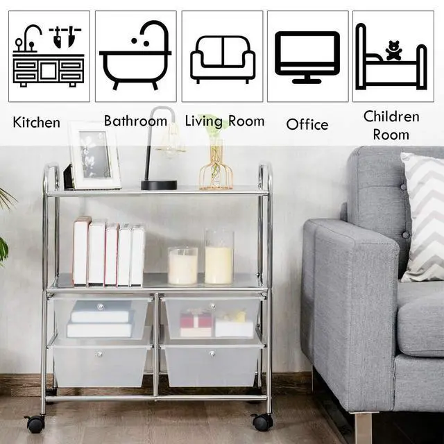 Alt view image 6 of 7 - Rolling Storage Cart w/ 4 Drawers 2 Shelves Metal Rack Shelf Home Office School Beauty Salon Utility Organizer Cart with Wheels (White)