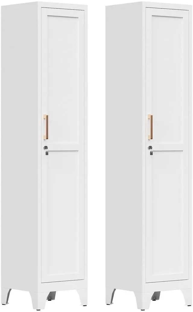 Main image of 67"H White Metal Locker with 1 Lockable Door and 4 Adjustable Shelves For Employees, 5 Tier Thin Storage Cabinet with Detachable Legs and Gold Handle for Kitchen,Office,Gym,School,Easy Assembly 2Pcs