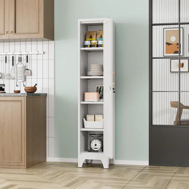 Alt view image 2 of 7 - 67"H White Metal Locker with 1 Lockable Door and 4 Adjustable Shelves For Employees, 5 Tier Narrow Storage Cabinet with Detachable Legs and Vintage Handle for Kitchen,Office,Bath,Laundry,Easy Assembly