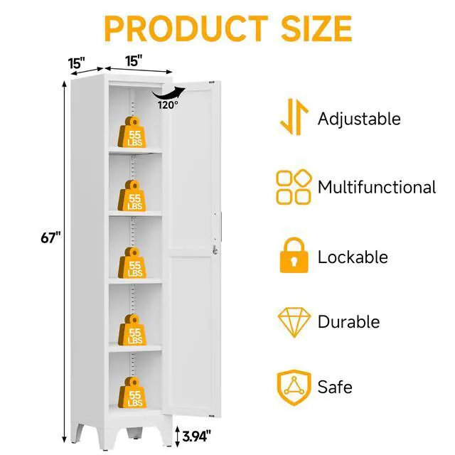 Alt view image 3 of 7 - 67"H White Metal Locker with 1 Lockable Door and 4 Adjustable Shelves For Employees, 5 Tier Narrow Storage Cabinet with Detachable Legs and Vintage Handle for Kitchen,Office,Bath,Laundry,Easy Assembly
