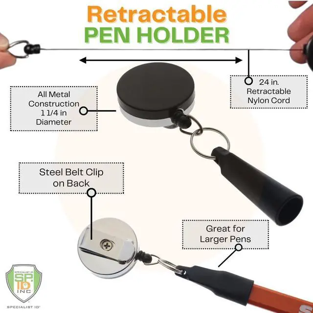 Alt view image 2 of 7 - 5 Pack - Heavy Duty Retractable Pull Pen Holder - Ideal for Markers & Carpenter Pencils - Nylon Cable, Self Retracting Reel & Tight Metal Belt Clip Retractable Carpenter Pencil Holder by Reel-N-Rite