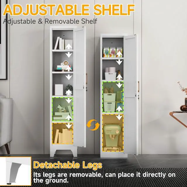 Alt view image 5 of 7 - 67"H White Metal Locker with 1 Lockable Door and 4 Adjustable Shelves For Employees, 5 Tier Narrow Storage Cabinet with Detachable Legs and Vintage Handle for Kitchen,Office,Bath,Laundry,Easy Assembly